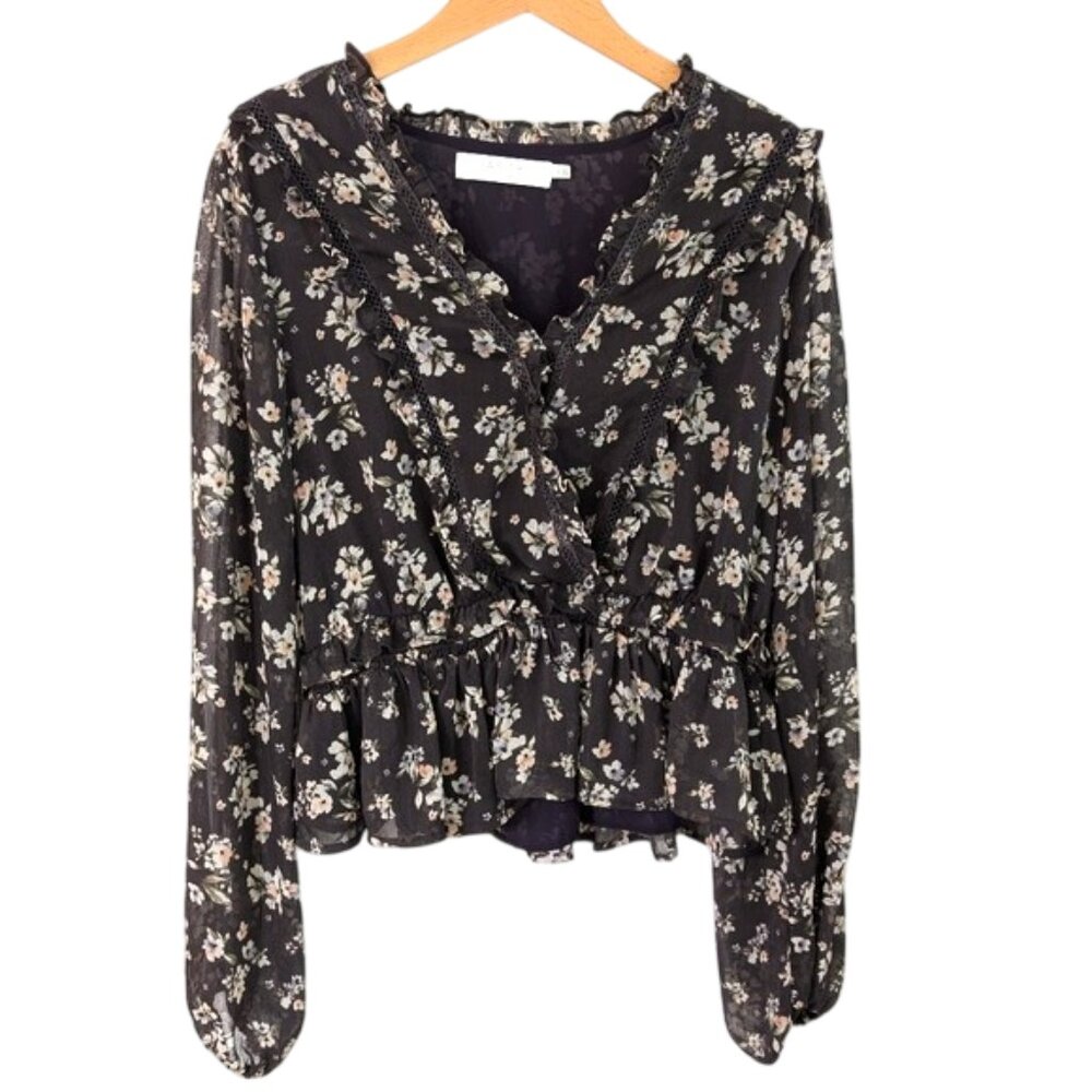 Like New ASTR Gray Floral Ruffle Blouse Size XL